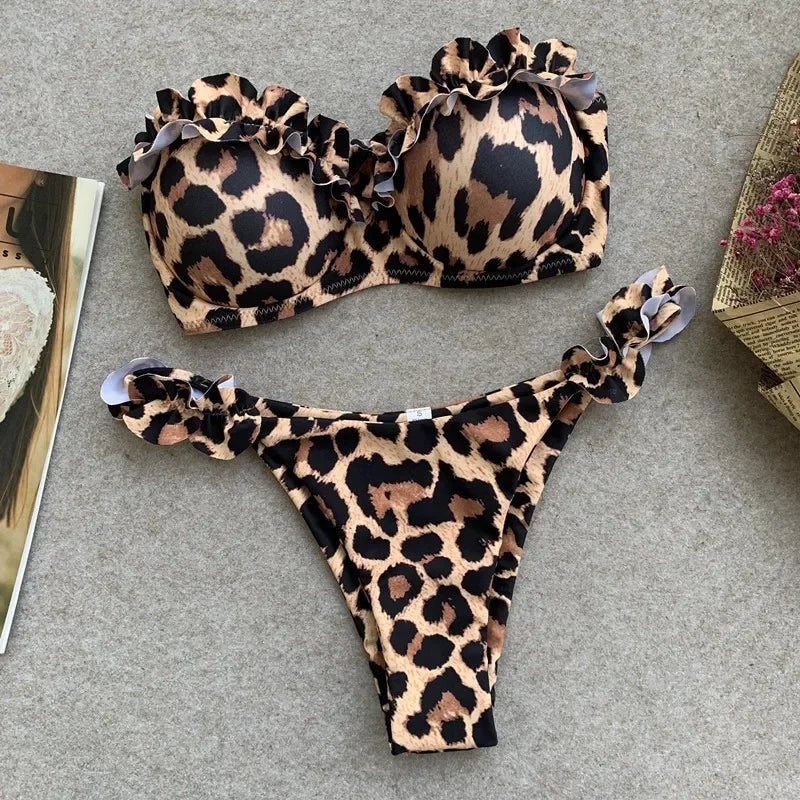 Dwuczęściowy strój kąpielowy bikini w panterkę z falbankami - Image 3