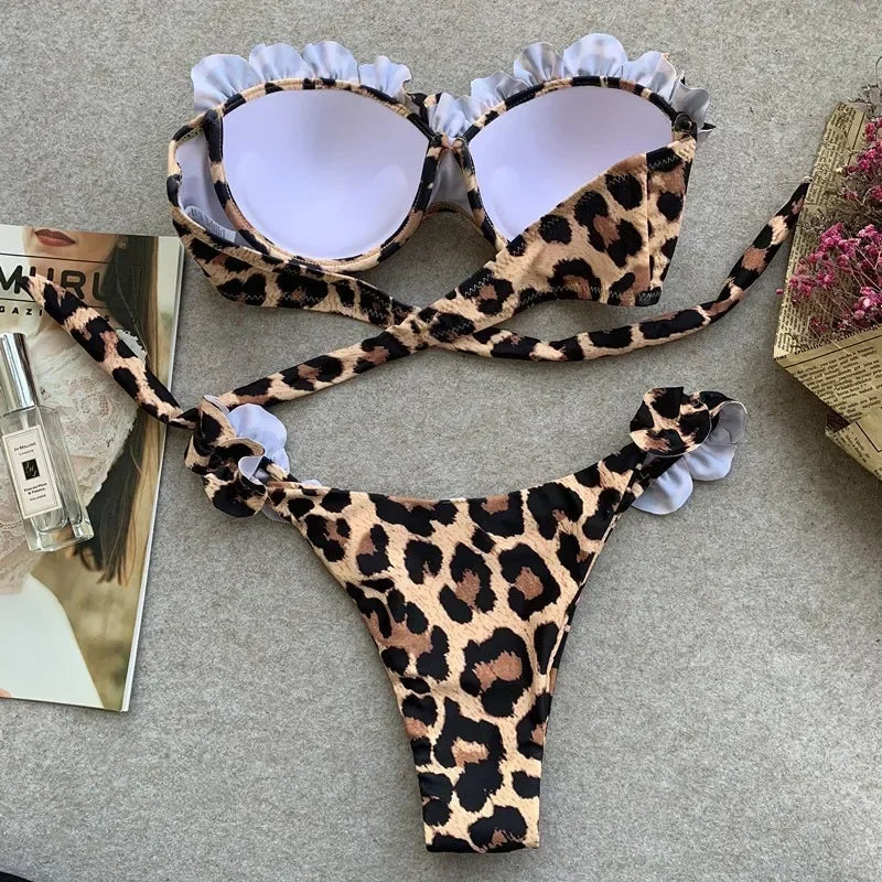 Dwuczęściowy strój kąpielowy bikini w panterkę z falbankami - Image 4