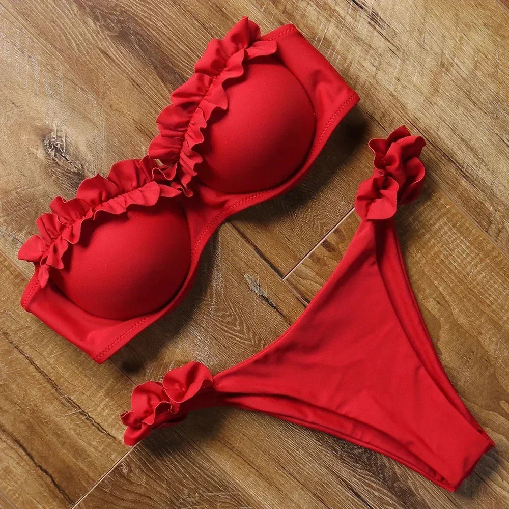 Dwuczęściowy strój kąpielowy bikini z ozdobną falbanką
