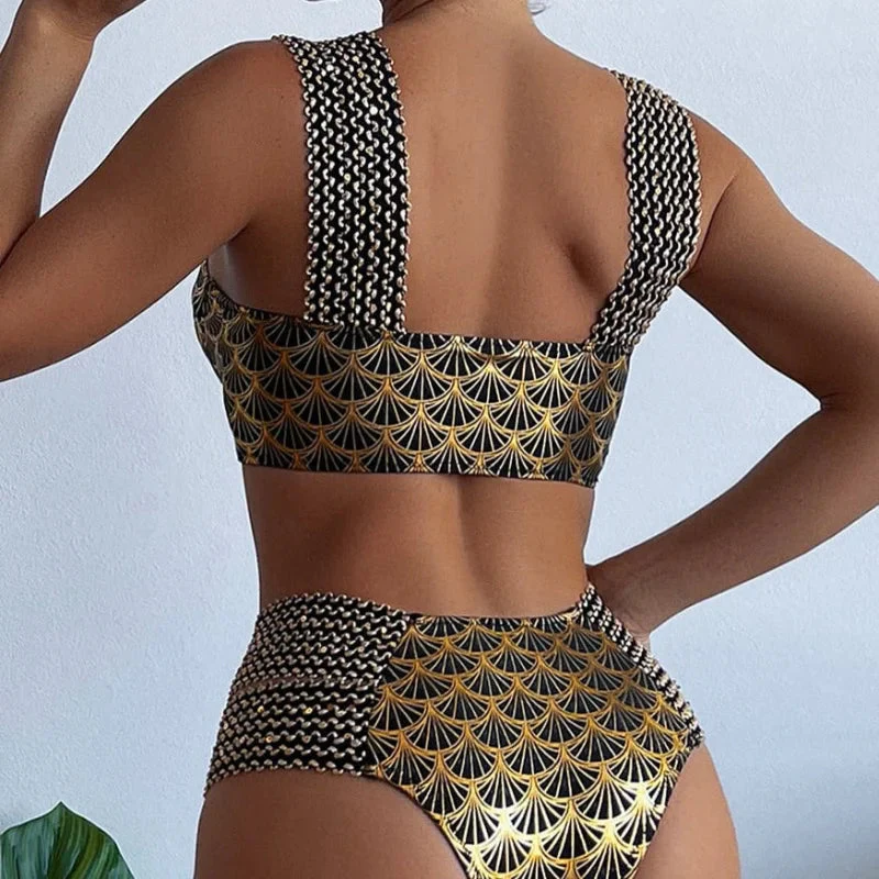 Metaliczny dwuczęściowy strój kąpielowy bikini z wysokim stanem - Image 2
