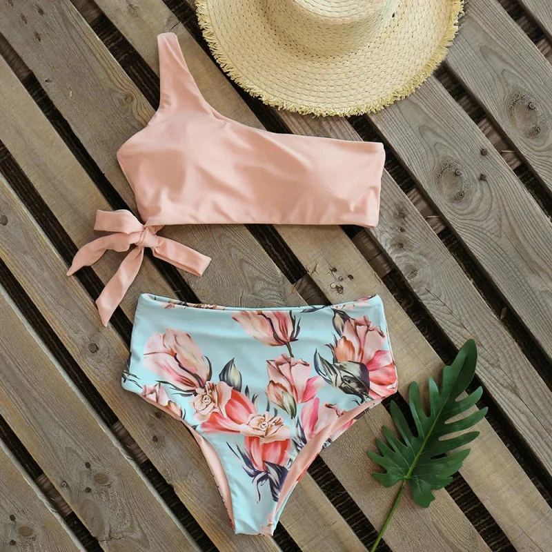 Dwuczęściowy strój kąpielowy bikini na jedno ramię w kwiaty - Image 4