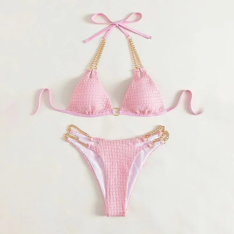 Teksturowany dwuczęściowy strój kąpielowy bikini z łańcuszkiem - Image 2