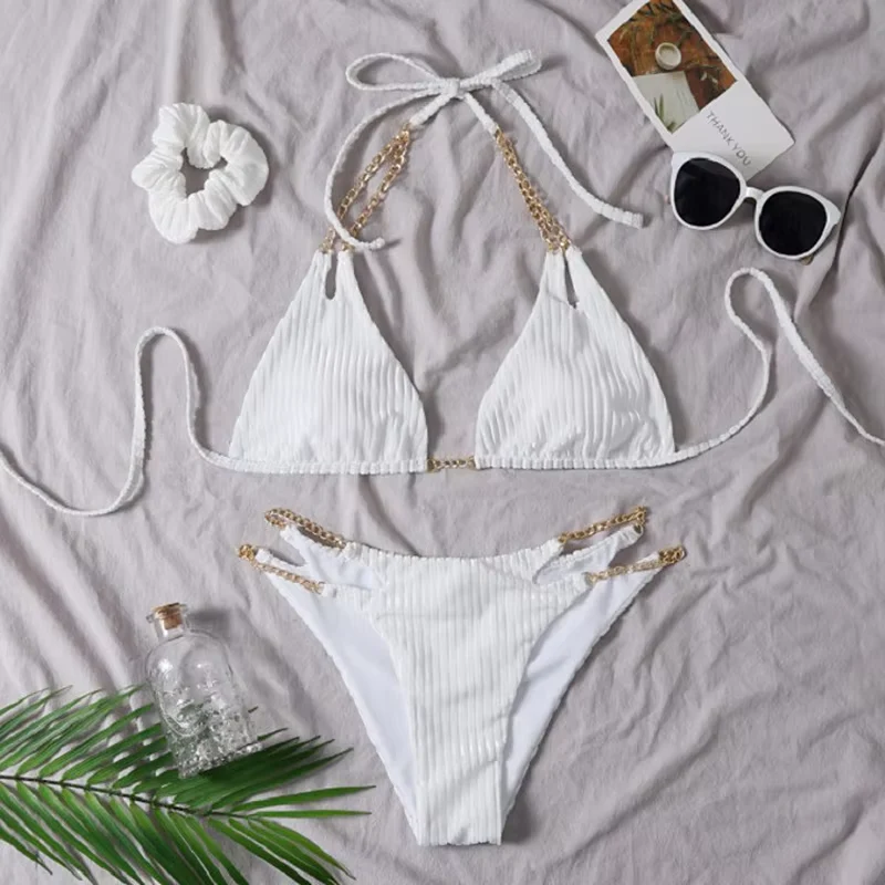 Teksturowany dwuczęściowy strój kąpielowy bikini z łańcuszkiem - Image 4