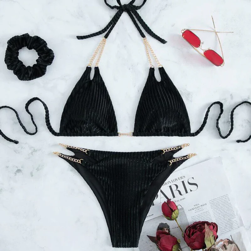 Teksturowany dwuczęściowy strój kąpielowy bikini z łańcuszkiem - Image 6